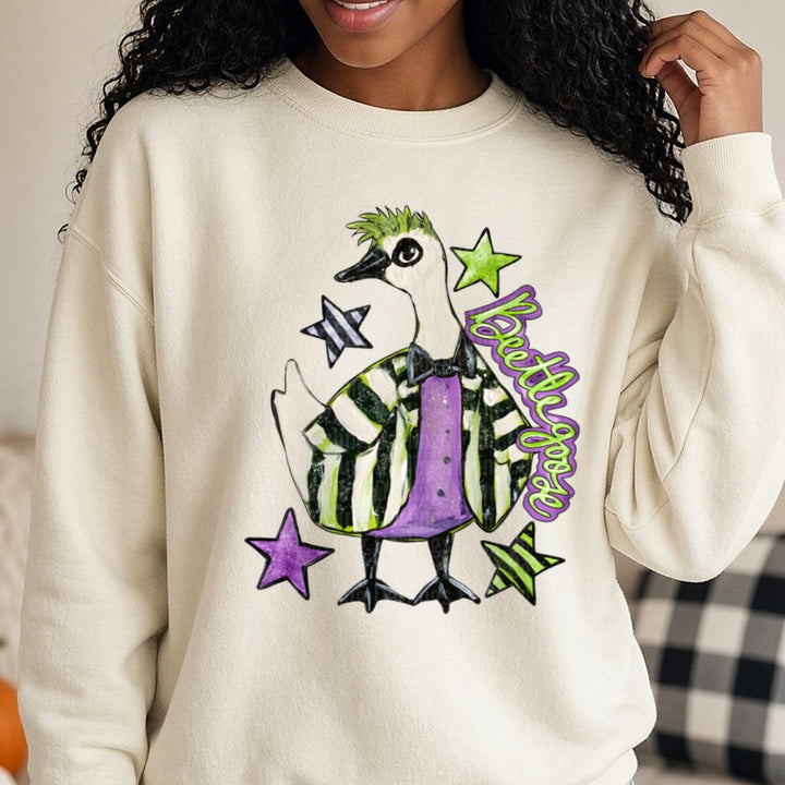 Beetlejuice Goose Black White Striped Suit Purple Shirt Stars DTF transfer shown on a Comfort Colors sweatshirt