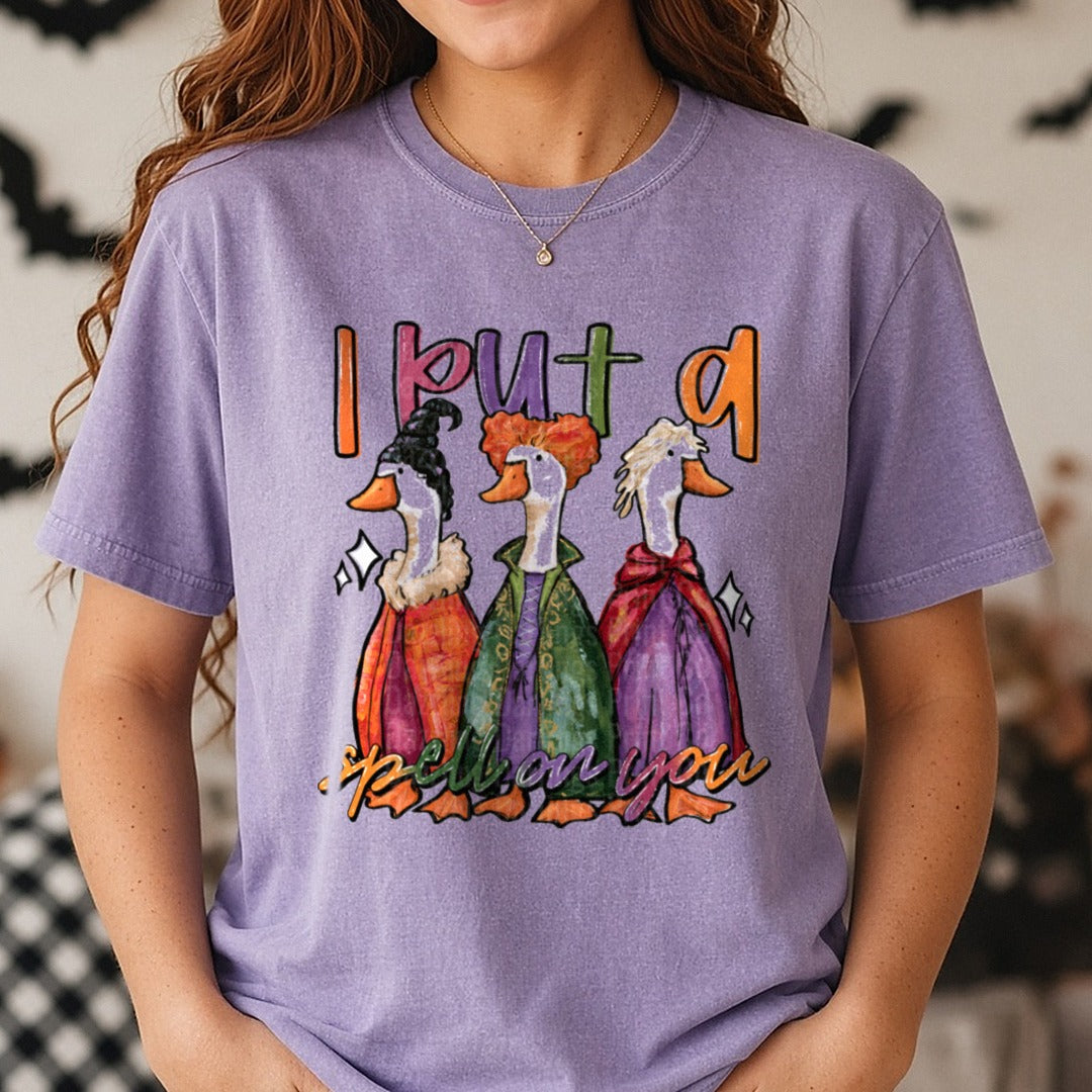 Hocus Pocus Sanderson Sisters Duck I Put A Spell On You DTF transfer shown on a Comfort Colors tee