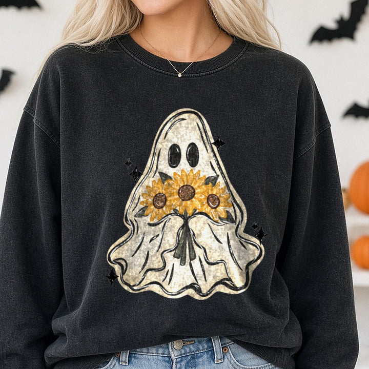 Cute Ghost Holding Sunflower Bouquet with Sparkles DTF transfer shown on a Comfort Colors sweatshirt