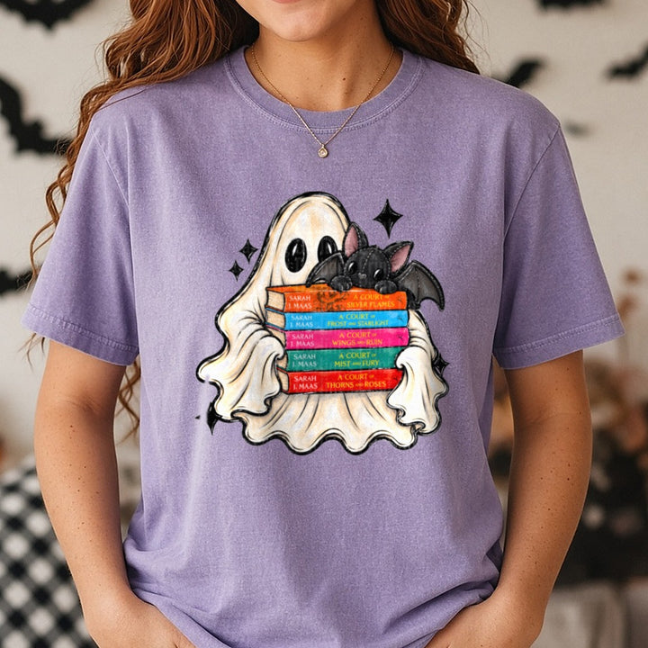 Cute Ghost Hugging ACOTAR Book Stack with Baby Bat DTF transfer shown on a Comfort Colors tee