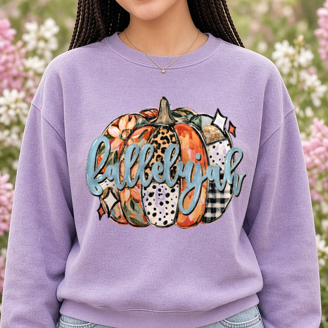 Fallelujah Patchwork Pumpkin Leopard Floral Plaid Fall DTF transfer shown on a Comfort Colors sweatshirt