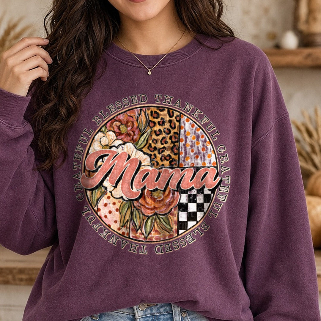 Mama Grateful Blessed Thankful Floral Leopard Checker Circle DTF transfer shown on a Comfort Colors sweatshirt