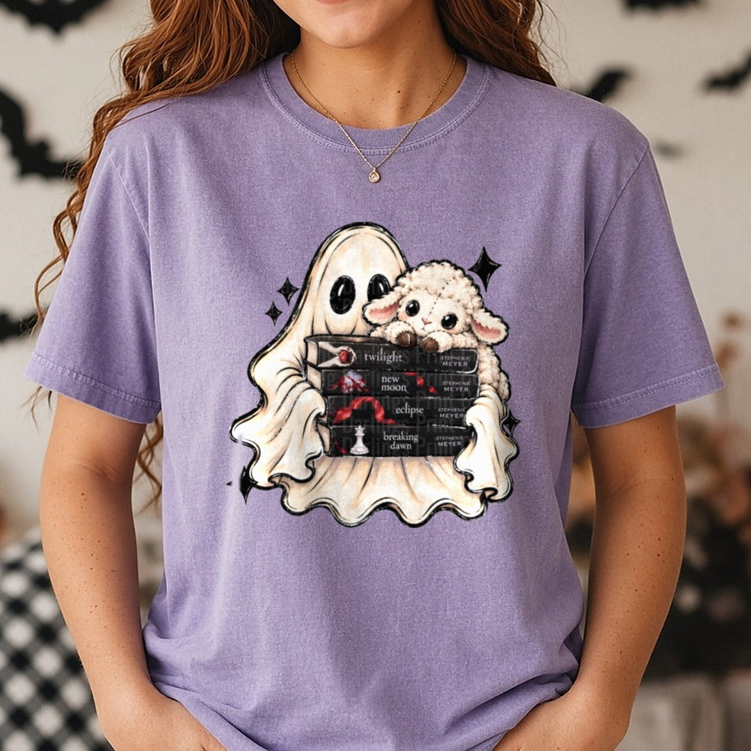 Cute Ghost and Lamb Hugging Twilight Saga Book Stack DTF transfer shown on a Comfort Colors tee