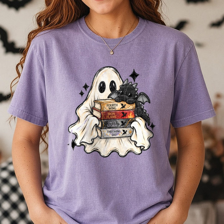 Cute Ghost Hugging Fourth Wing Series Books with Baby Dragon DTF transfer shown on a Comfort Colors tee