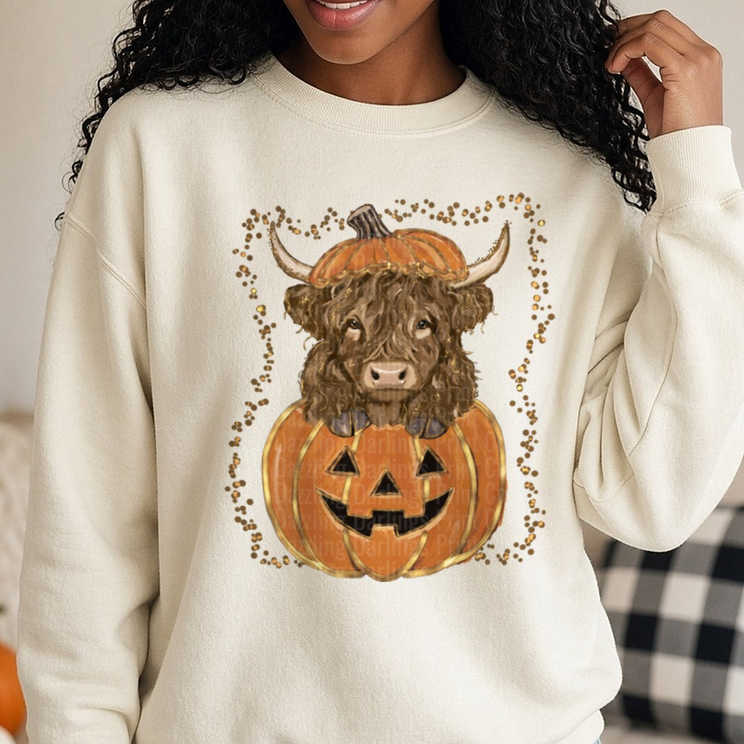 Highland Cow in Jack-o-Lantern with Pumpkin Hat Gold Glitter DTF transfer shown on a Comfort Colors sweatshirt
