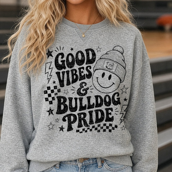 Good Vibes & Bulldog Pride Smiley Face Beanie Hat DTF transfer shown on a Comfort Colors sweatshirt