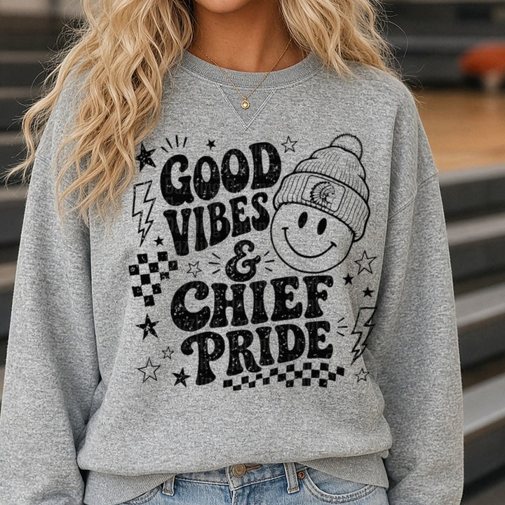 Good Vibes & Chief Pride Smiley Face Pom Beanie Hat DTF transfer shown on a Comfort Colors sweatshirt