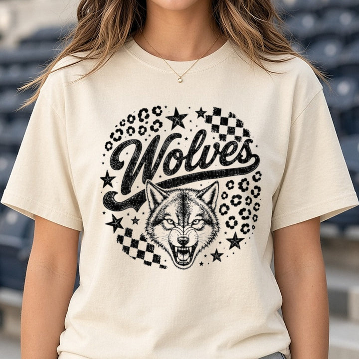 Wolves Script Snarling Wolf Head Stars Leopard Checkered DTF transfer shown on a Comfort Colors tee