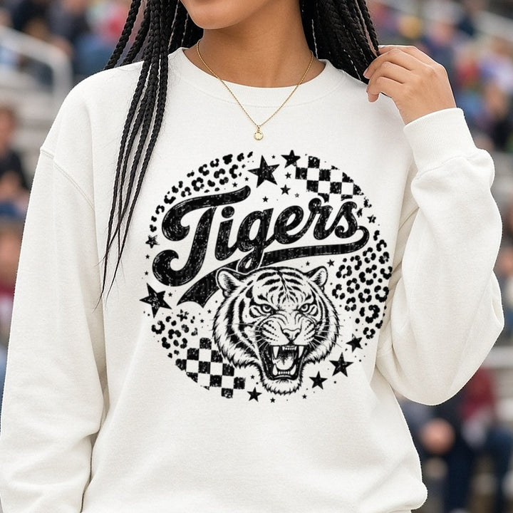 Tigers Roaring Tiger Face Leopard Print Checkered Stars DTF transfer shown on a Comfort Colors sweatshirt