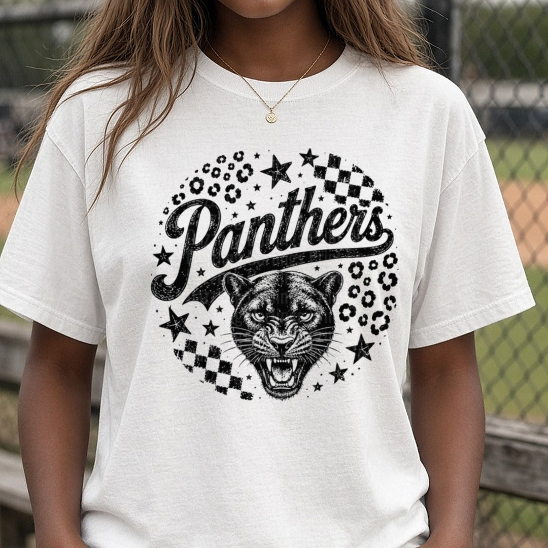 Panthers Script Roaring Panther Head Stars Leopard Print DTF transfer shown on a Comfort Colors tee