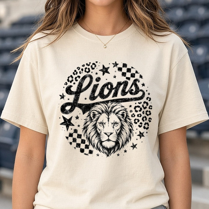 Lions Script Mascot Head with Stars Leopard Checker Print DTF transfer shown on a Comfort Colors tee