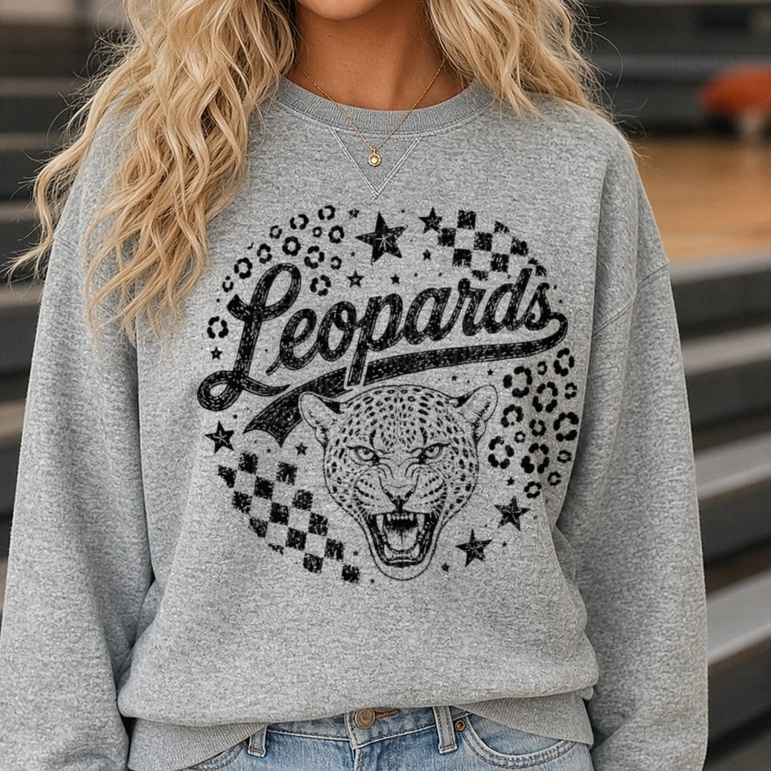 Leopards Script Roaring Big Cat Stars Checkered Mascot DTF transfer shown on a Comfort Colors sweatshirt