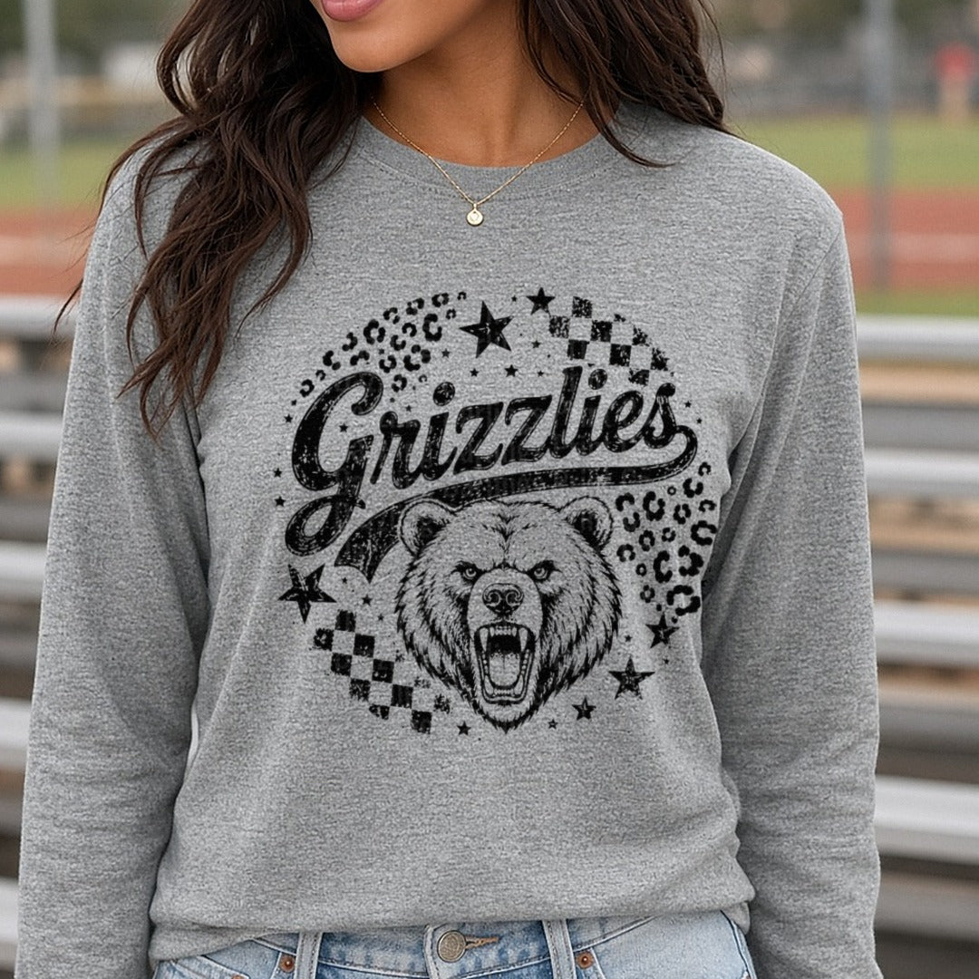 Grizzlies Roaring Bear Script Leopard Checkered Stars DTF transfer shown on a Comfort Colors long sleeve tee