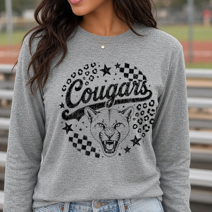 Cougars Script Roaring Cougar Face Leopard Print Checkered Stars DTF transfer shown on a Comfort Colors long sleeve tee
