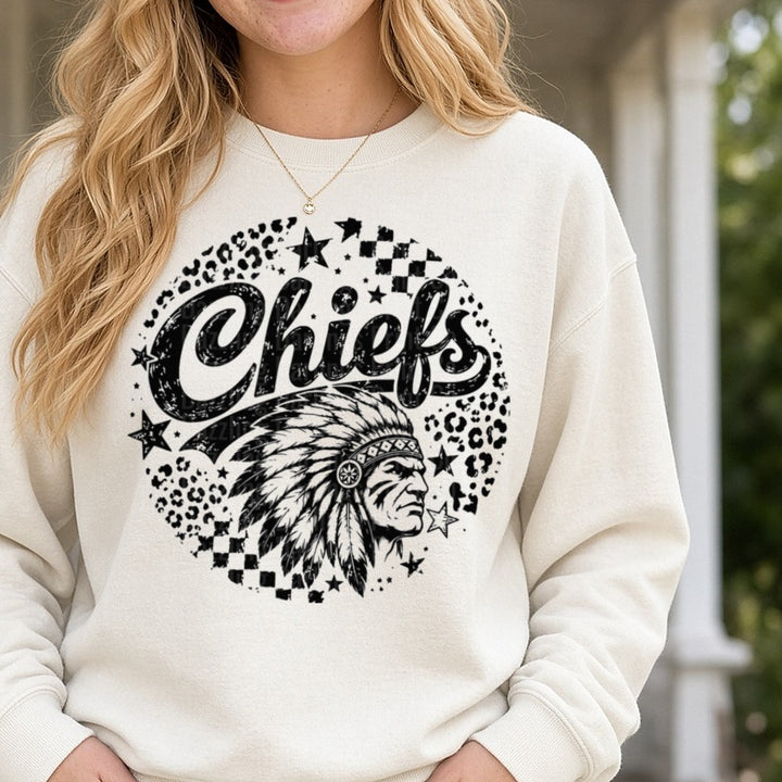Chiefs Script Native American Chief Headdress Leopard Star Circle DTF transfer shown on a Comfort Colors sweatshirt