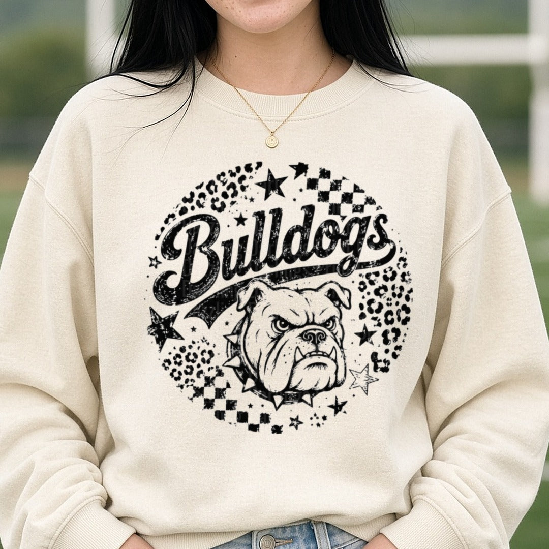 Bulldogs Script Mascot Grunge Leopard Checkered Stars DTF transfer shown on a Comfort Colors sweatshirt