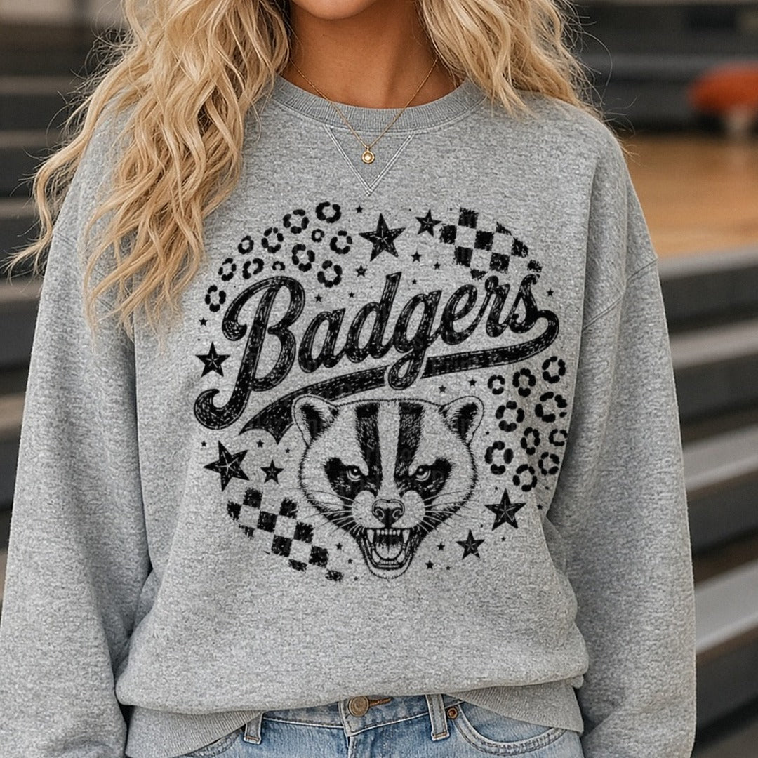 Badgers Script Fierce Badger Face Stars Checkered Leopard DTF transfer shown on a Comfort Colors sweatshirt
