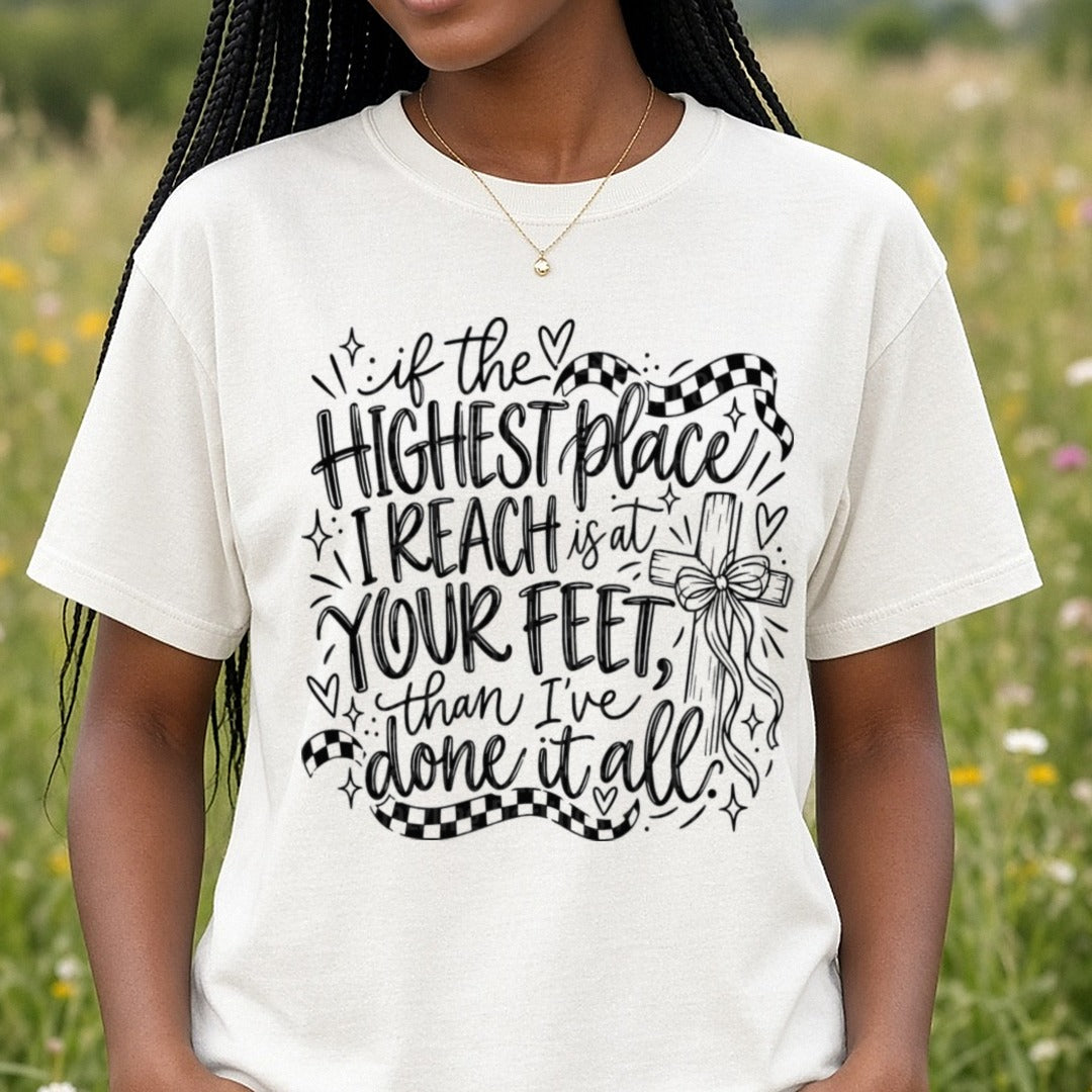 If The Highest Place I Reach Is At Your Feet Christian Cross with Bow and Checkered Ribbon DTF transfer shown on a Comfort Colors tee
