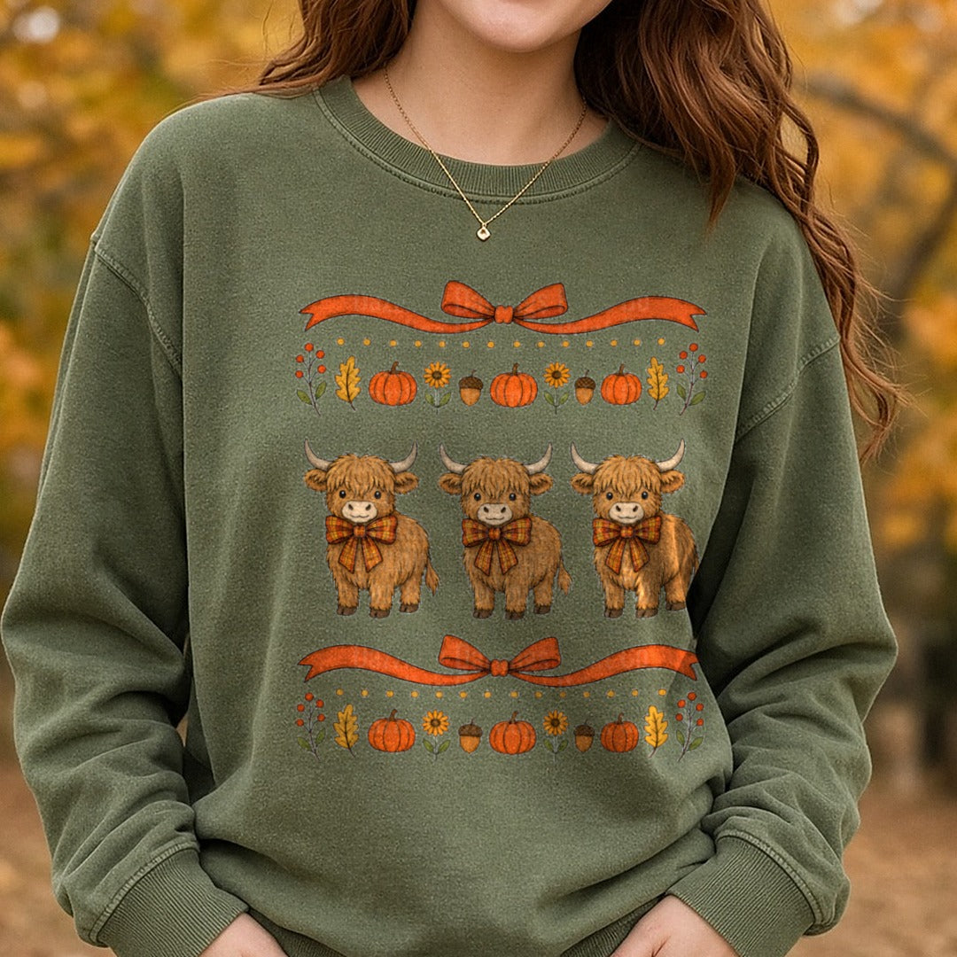 Trio of Cute Highland Cows Fall Autumn Plaid Bows Pumpkins DTF transfer shown on a Comfort Colors sweatshirt