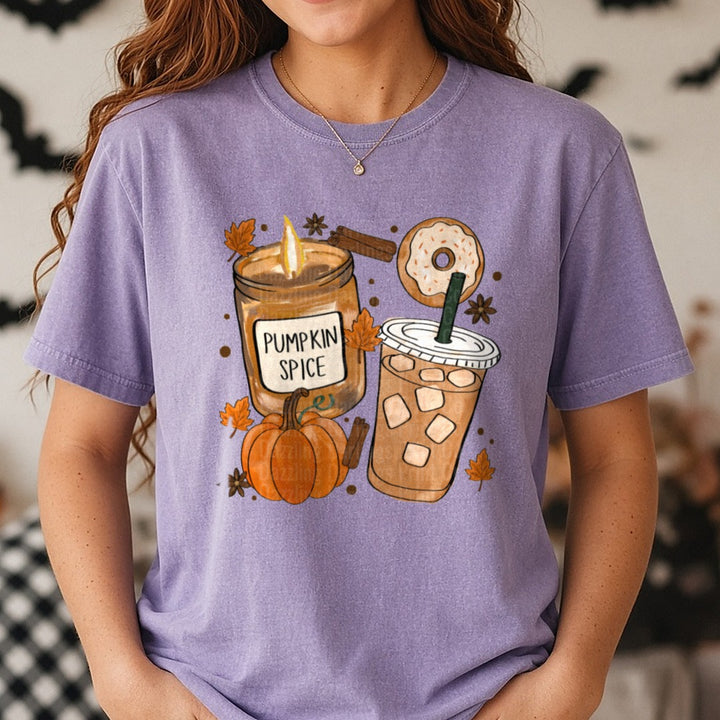 Pumpkin Spice Candle Iced Coffee Donut Fall Autumn Vibes DTF transfer shown on a Comfort Colors tee