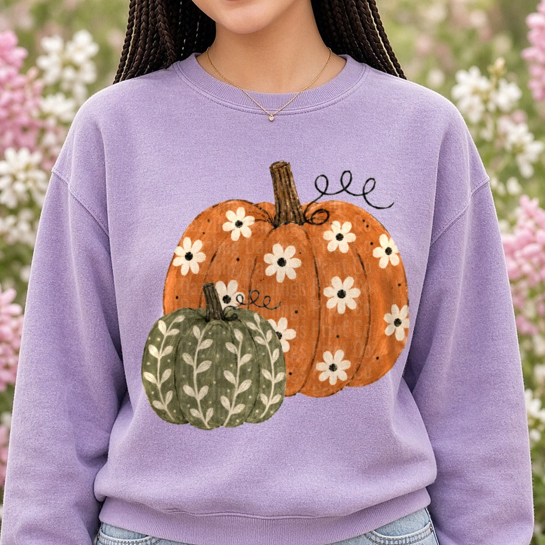 Boho Floral Pumpkin Duo Fall Harvest Botanical Design DTF transfer shown on a Comfort Colors sweatshirt