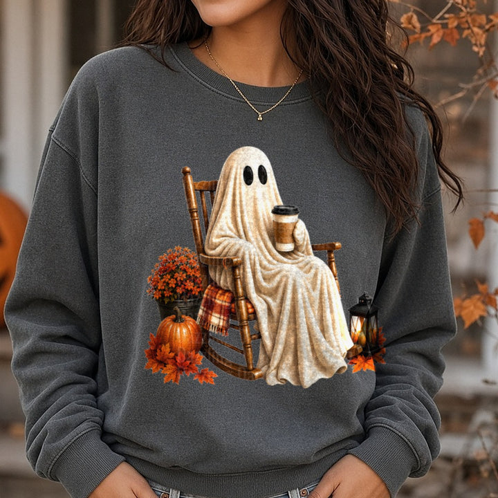 Cozy Ghost in Rocking Chair with Coffee Fall Halloween DTF transfer shown on a Comfort Colors sweatshirt