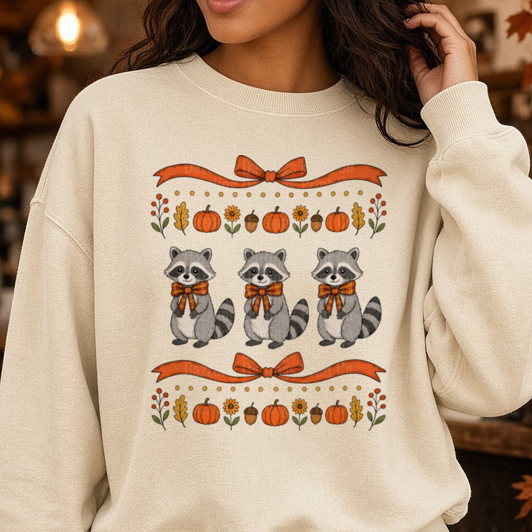 Cute Fall Raccoons Plaid Bows Pumpkins Autumn Border DTF transfer shown on a Comfort Colors sweatshirt