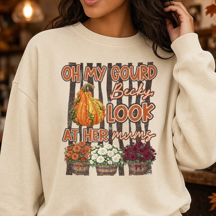 Oh My Gourd Becky Look At Her Mums Fall Harvest Design DTF transfer shown on a Comfort Colors sweatshirt