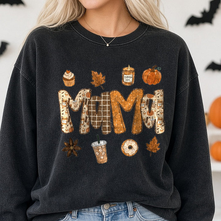 Fall Pumpkin Spice Mama Autumn Cozy Letter Design DTF transfer shown on a Comfort Colors sweatshirt