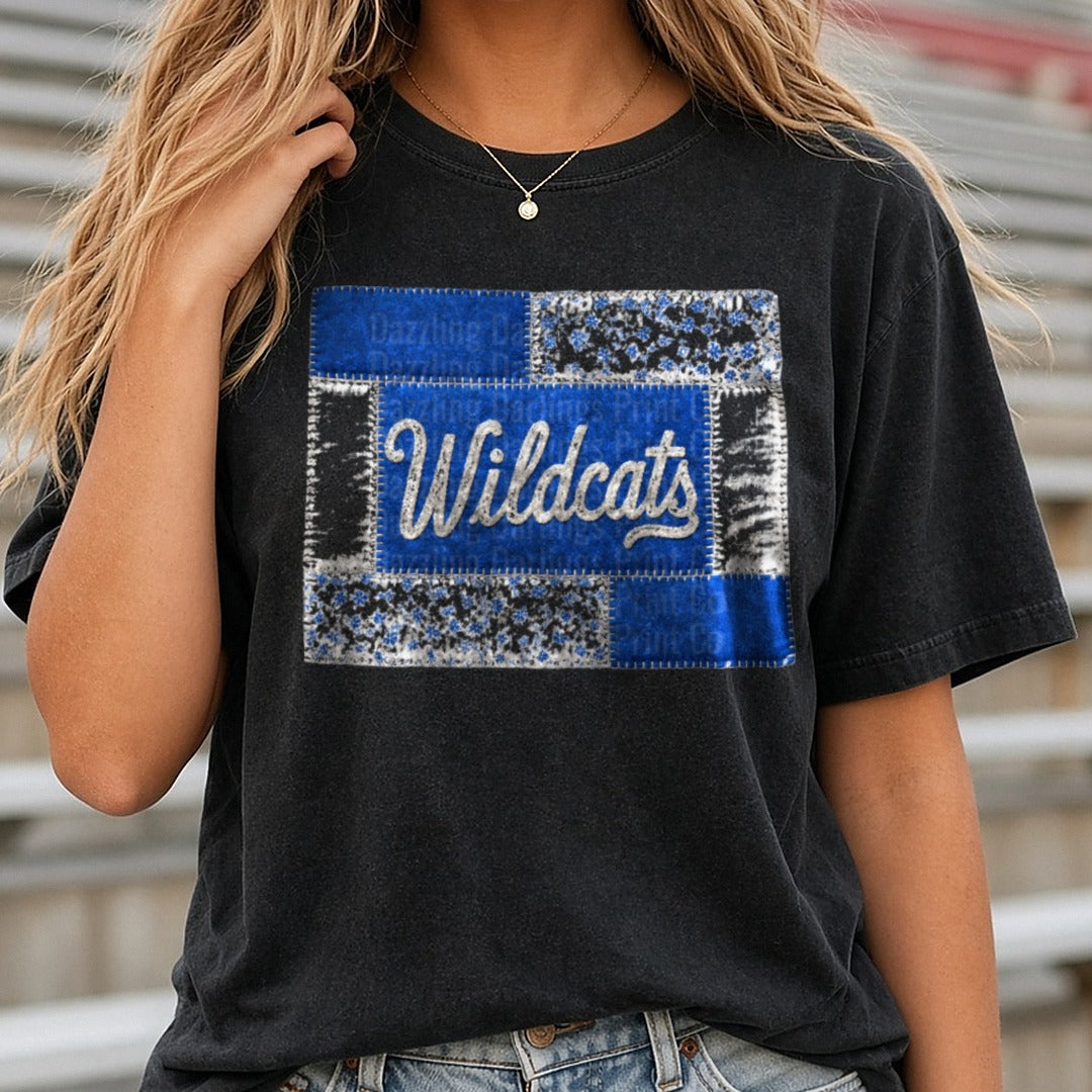Wildcats Blue White Patchwork Quilt Script Lettering DTF transfer shown on a Comfort Colors tee
