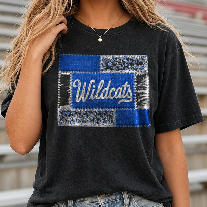 Wildcats Blue White Patchwork Quilt Script Lettering DTF transfer shown on a Comfort Colors tee