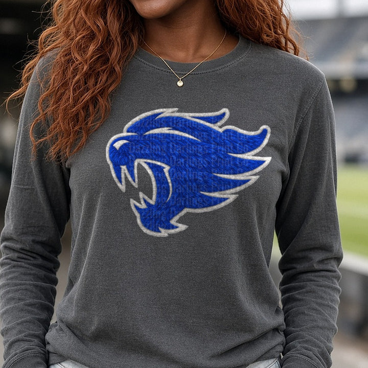 Blue Wildcat Mascot Head Embroidery Style Patch Design DTF transfer shown on a Comfort Colors long sleeve tee