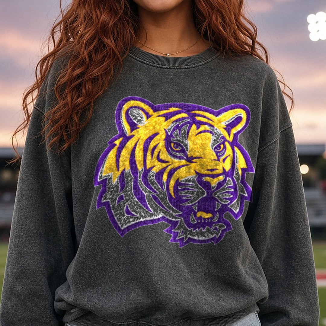 Tigers Embroidered Patch Style Tiger Head Purple Gold DTF transfer shown on a Comfort Colors sweatshirt