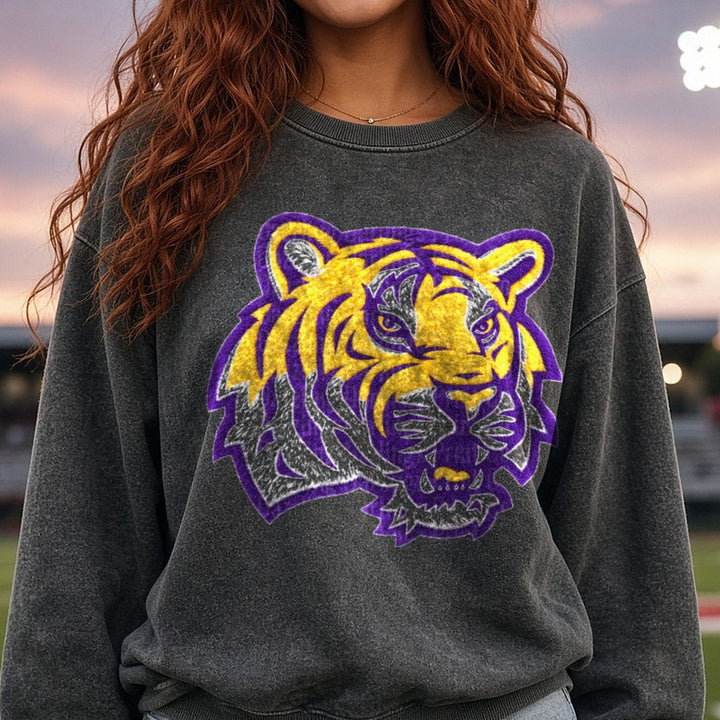 Tigers Embroidered Patch Style Tiger Head Purple Gold DTF transfer shown on a Comfort Colors sweatshirt