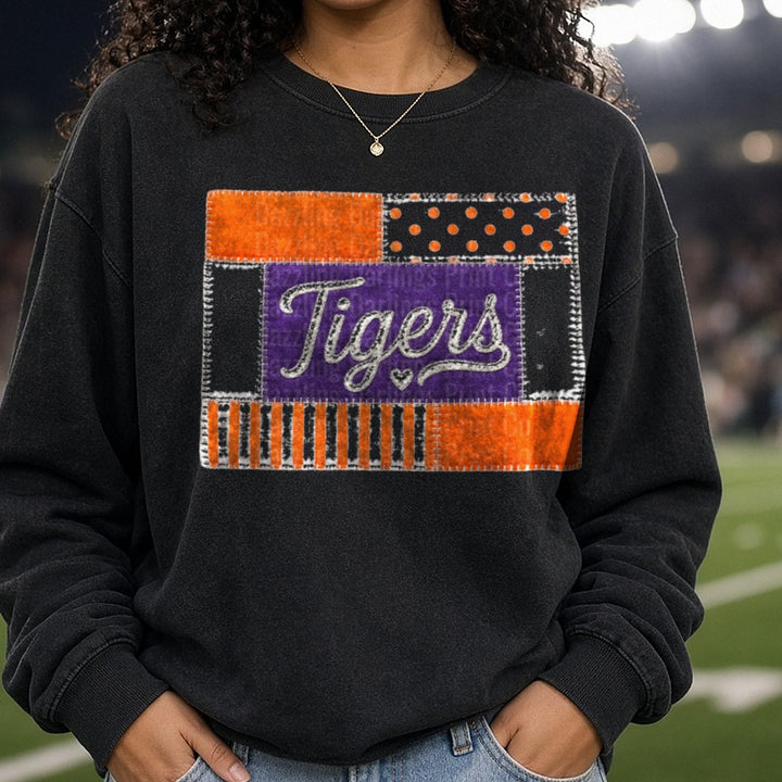 Tigers Patchwork Quilt Orange Purple Script Design DTF transfer shown on a Comfort Colors sweatshirt