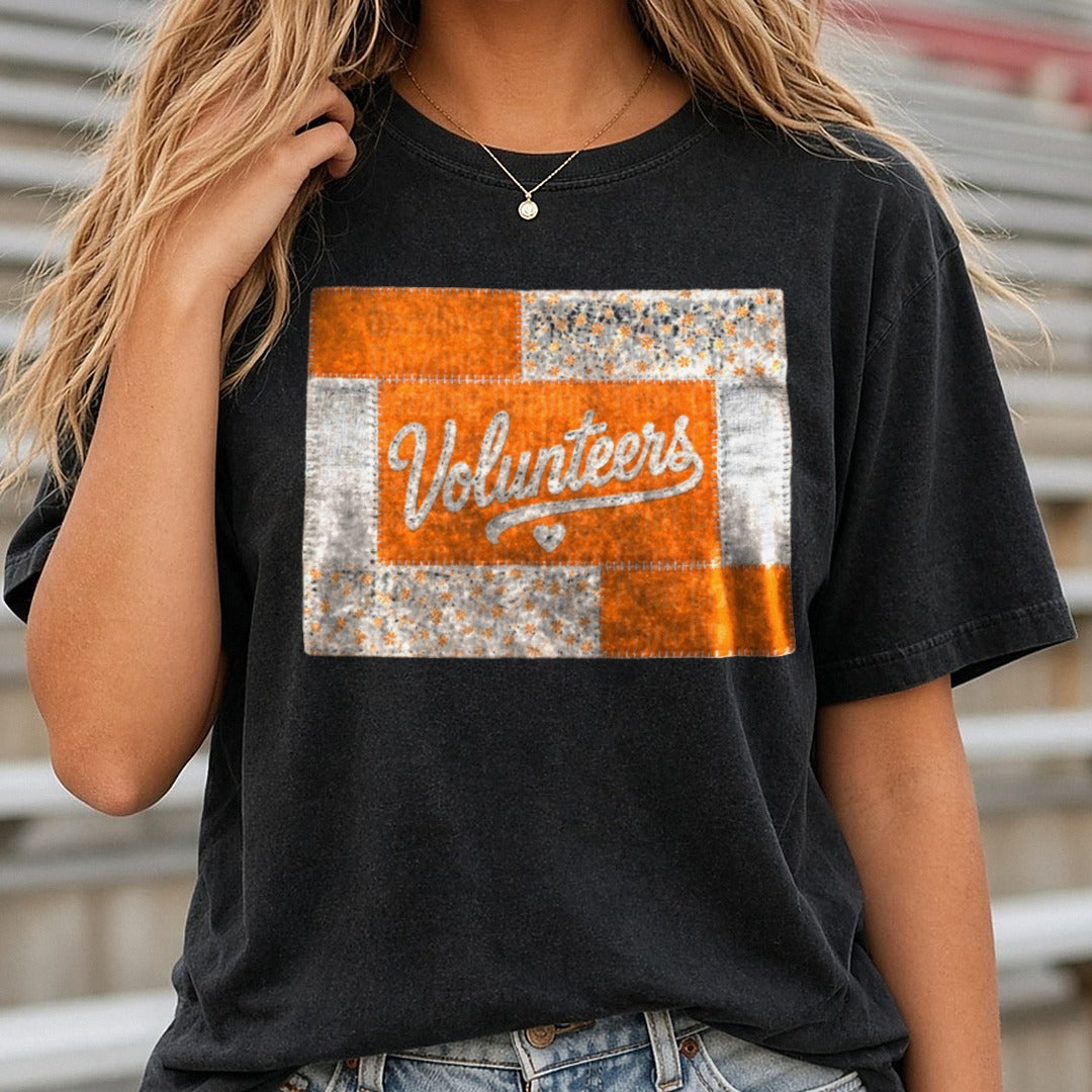 Volunteers Patchwork Quilt Script Heart Design DTF transfer shown on a Comfort Colors tee