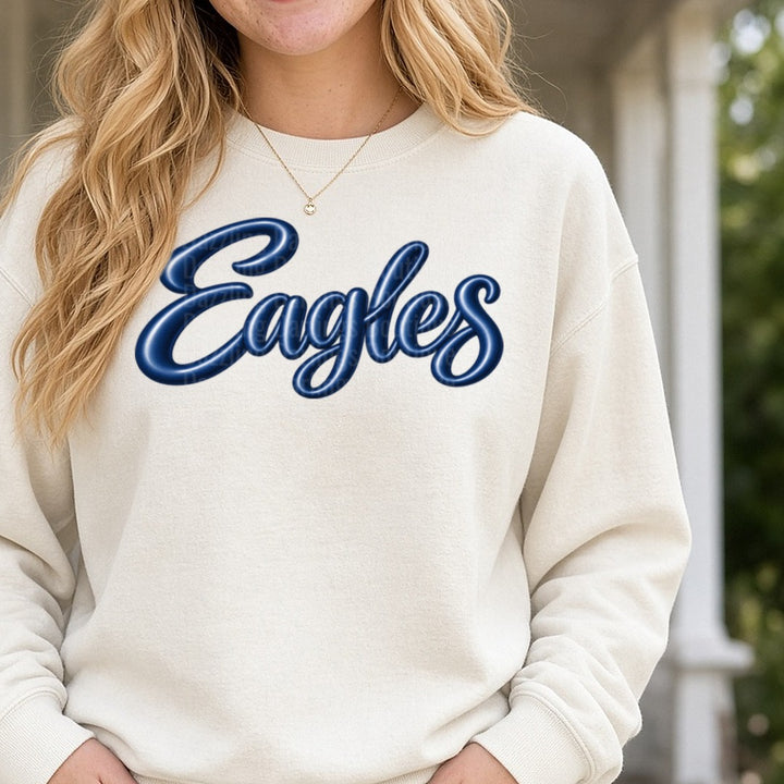 Eagles Navy Blue Glossy Script Lettering DTF transfer shown on a Comfort Colors sweatshirt