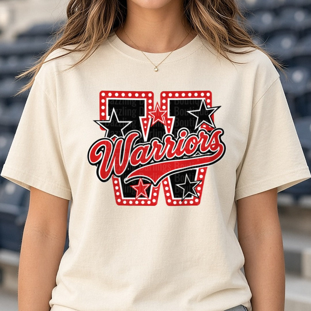 Warriors Bold Letter W Stars Red Black Team Spirit Logo DTF transfer shown on a Comfort Colors tee