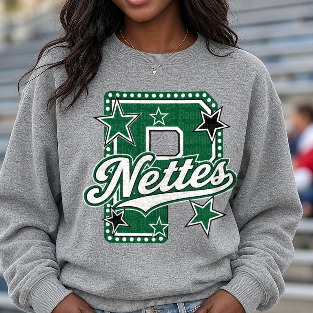 Green Letter P Nettes Script Stars Spirit Logo DTF transfer shown on a Comfort Colors sweatshirt