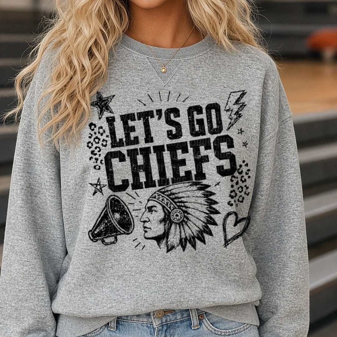 Let's Go Chiefs Distressed Mascot with Stars and Lightning DTF transfer shown on a Comfort Colors sweatshirt