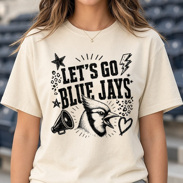 Let's Go Blue Jays Bold Spirit Bird Mascot with Stars DTF transfer shown on a Comfort Colors tee
