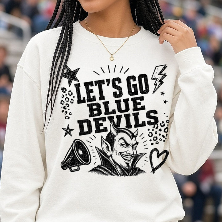 Let's Go Blue Devils Mascot Megaphone Spirit Design DTF transfer shown on a Comfort Colors sweatshirt