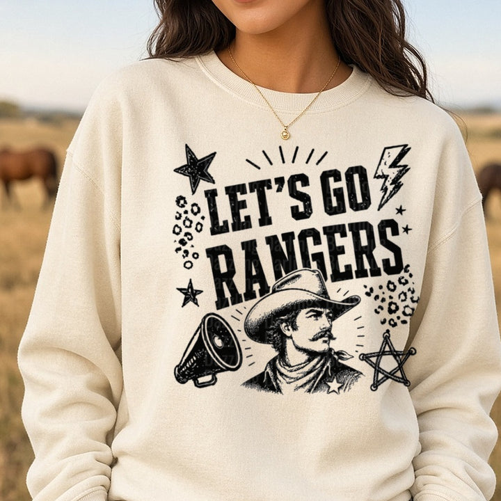 Let's Go Rangers Cowboy Megaphone Sheriff Star Design DTF transfer shown on a Comfort Colors sweatshirt