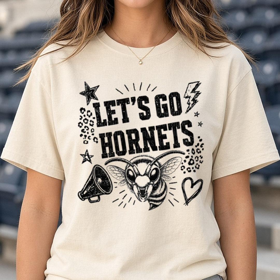 Let's Go Hornets Bold Mascot Spirit Design with Megaphone DTF transfer shown on a Comfort Colors tee