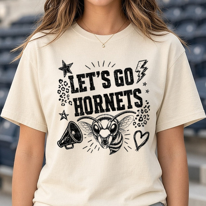 Let's Go Hornets Bold Mascot Spirit Design with Megaphone DTF transfer shown on a Comfort Colors tee