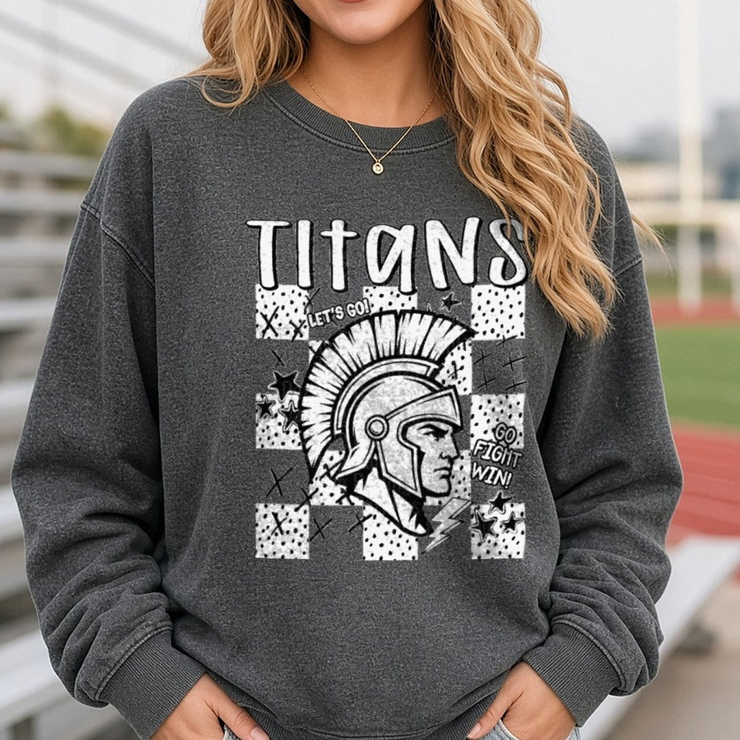 Titans Spartan Warrior Helmet Let's Go Fight Win Spirit DTF transfer shown on a Comfort Colors sweatshirt