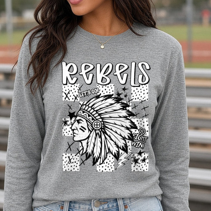 Rebels Native Chief Headdress Let's Go Fight Win Stars DTF transfer shown on a Comfort Colors long sleeve tee