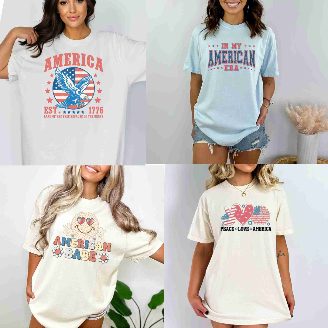t shirt transfers  DTF GANG SHEET  direct to film  clear film transfers  CLEAR FILM TRANSFER  home of the free  because of the brave  american vibes  america  american babe  coquette bow  patriotic  proud to be an american  party in the usa  american era  american mama  thick thighs american vibes  peace love america
