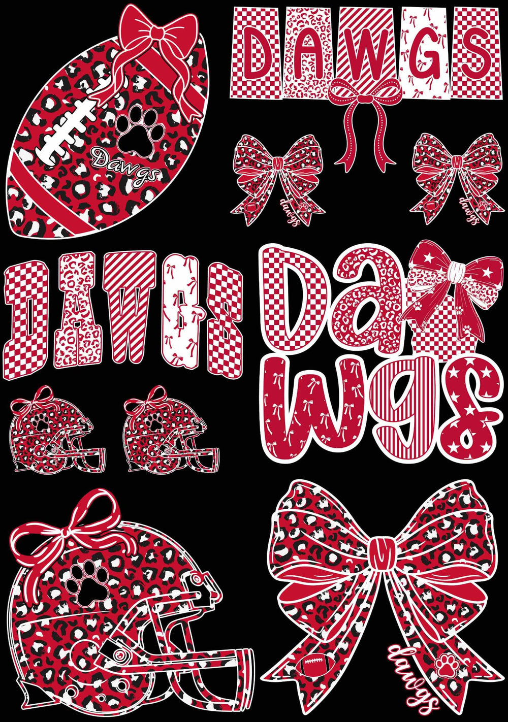 Georgia Dawgs Bows & Sequins premade DTF gang sheet, 22.5" x 32"