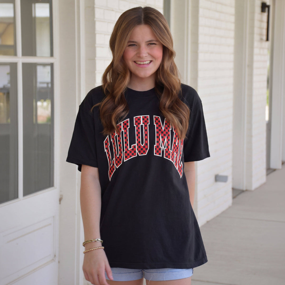 LM-TS-1006 Team Red/Black Checkered Adult Black Comfort Colors Tee: Black / Large
